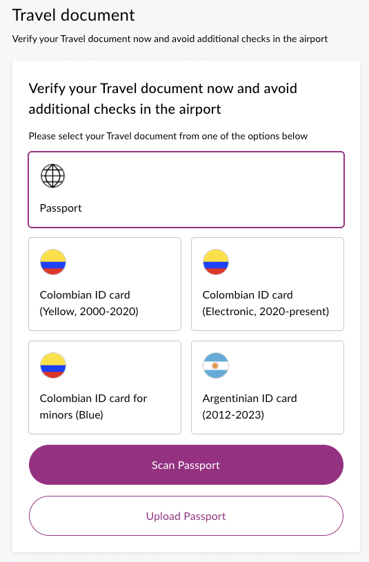 Sample UI, travel document type picker Sample UI, travel document type picker